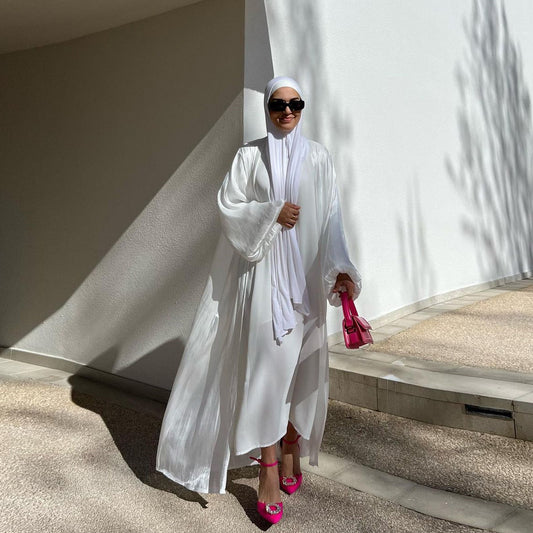 Muslim Shiny Satin Puff Sleeve Cardigan – Elegant Modest Outerwear