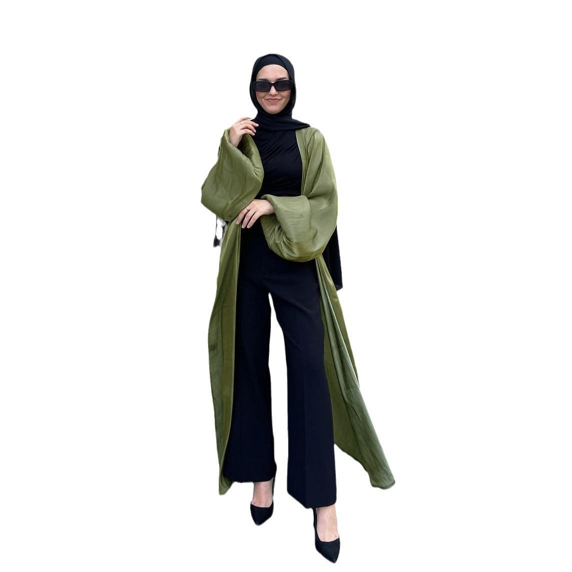 Muslim Shiny Satin Puff Sleeve Cardigan – Elegant Modest Outerwear